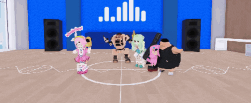 a group of cartoon characters are standing in a circle in front of a blue wall that says ' .. '