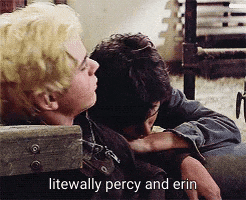 a couple of men hugging each other with the words litewally percy and erin in the corner