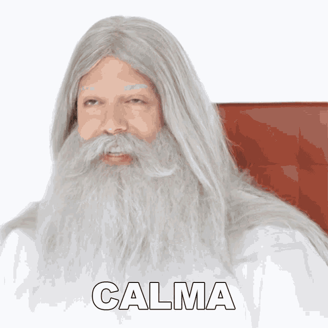 a man with a long gray beard and mustache has the word calma above him