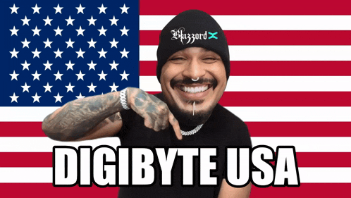 a man in front of an american flag with the words digibyte usa on it