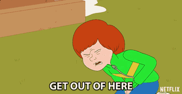 a cartoon character is laying on the ground with the words get out of here above him