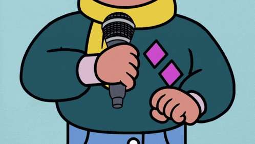 a cartoon character is holding a microphone with purple squares on it