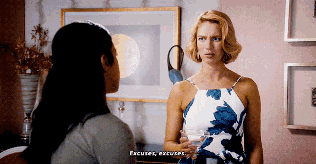 a woman in a blue and white dress is holding a glass and saying excuses excuses