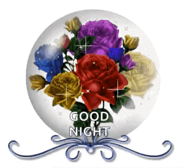a snow globe filled with flowers and the words `` good night '' .