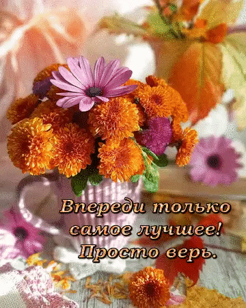 a bouquet of orange and purple flowers in a cup with russian writing