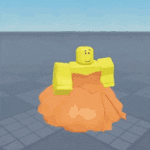 a yellow roblox character is wearing an orange dress and smiling