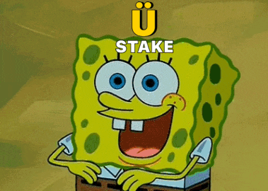 a cartoon of spongebob covering his mouth with his hands and the words u stake above him