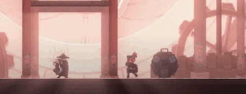 a pixel art of a man standing next to a large object in a building .