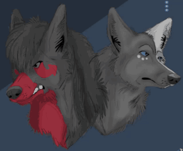 a drawing of three wolves one of which has a red face