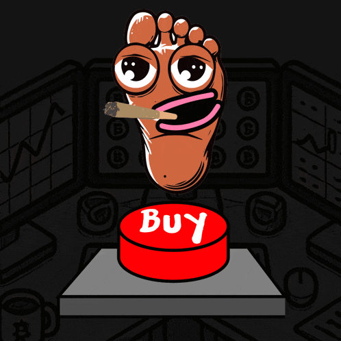 a cartoon foot is smoking a cigarette next to a red button that says buy