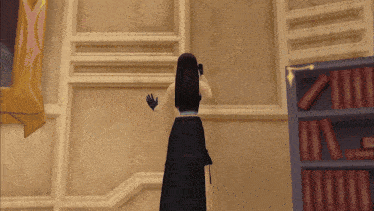 a video game character stands in front of a bookshelf
