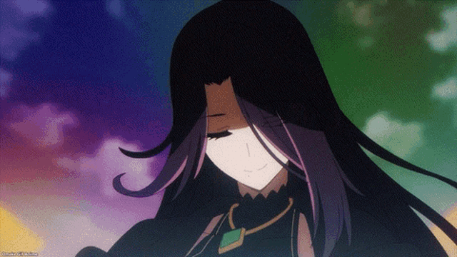 a close up of a girl with long purple hair and a necklace