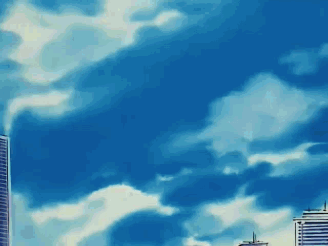 a painting of a city skyline with a blue sky and white clouds