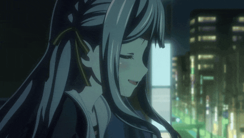 a girl with long blue hair is smiling in front of a city at night