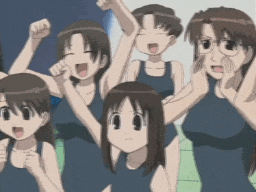 a group of girls in swimsuits are cheering with their hands in the air