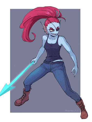 a drawing of a girl with red hair and a blue sword