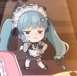 a cartoon girl with blue hair and pigtails is wearing a maid costume