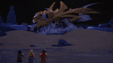 a group of lego figures standing in front of a large glowing object