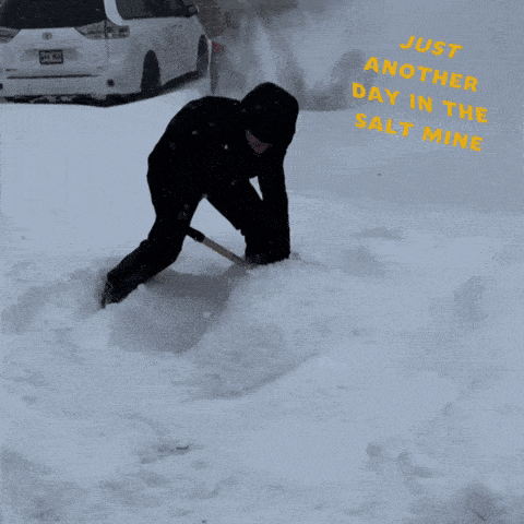 a person is shoveling snow with the words just another day in the salt mine