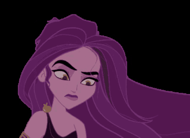 a cartoon drawing of a woman with purple hair and yellow eyes