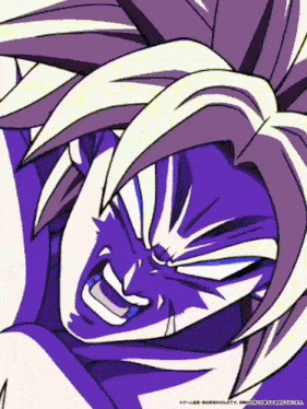 a close up of a cartoon character 's face with purple hair
