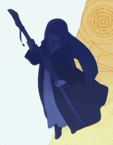 a silhouette of a person with long hair holding a stick