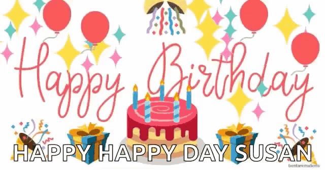 a birthday card for susan with a cake and gifts