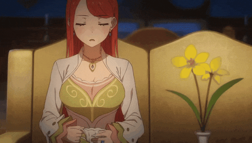 a woman with red hair is sitting in front of a yellow flower in a vase