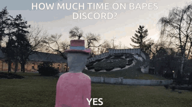 a poster asking how much time on bapes discord with a statue in a pink top hat