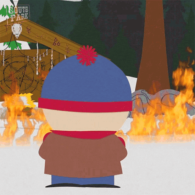 stanley from south park looks at a fire