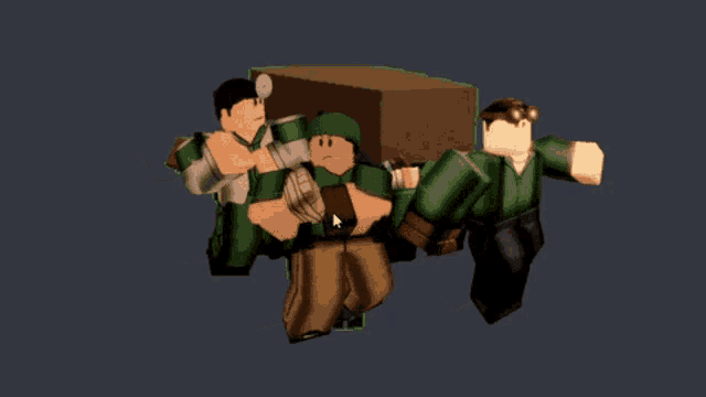 a group of soldiers are carrying a large box
