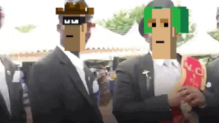 a group of men in suits are standing next to each other with pixelated faces on their heads .