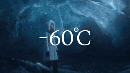 a woman in a white jacket with a fur hood is standing in front of an iceberg