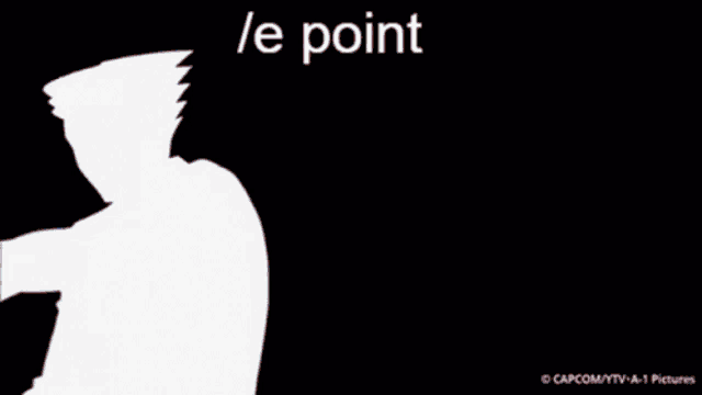 a silhouette of a man pointing at something with the words / e point below him