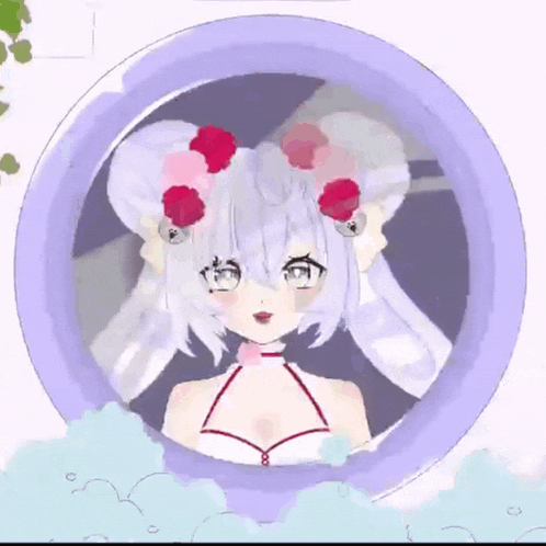 a girl with white hair and red flowers in her hair is in a purple circle
