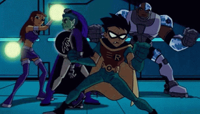 a group of cartoon characters including robin and starfire are standing together