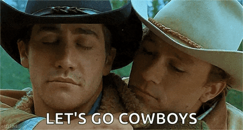two men in cowboy hats are hugging each other with the words let 's go cowboys above them