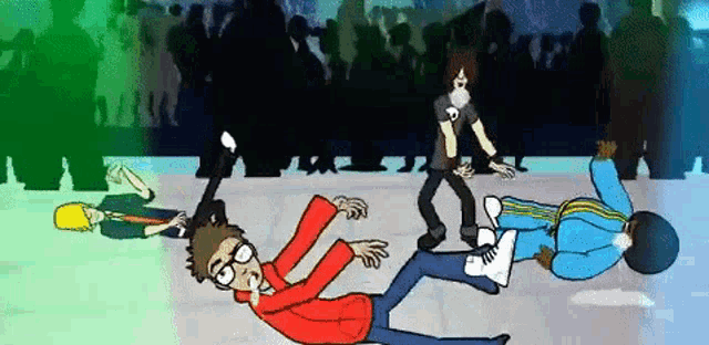 a group of people are dancing in front of a crowd and one of them is laying on the ground