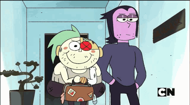 two cartoon characters standing next to each other with cn on the bottom left