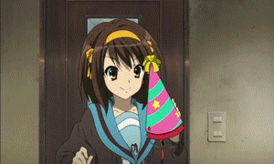 a girl holding a party hat in front of a door