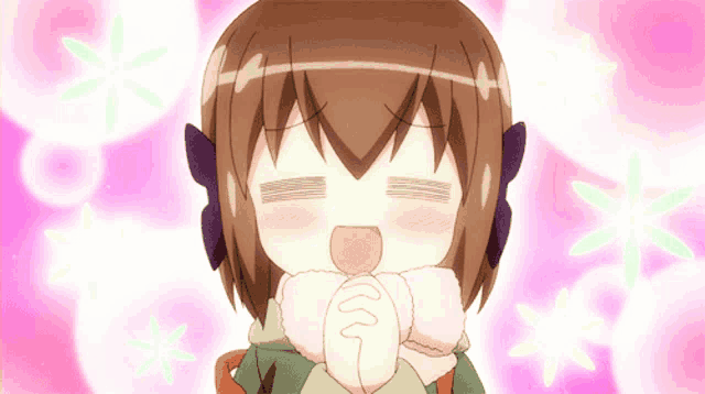 a girl with her eyes closed is surrounded by pink and green flowers