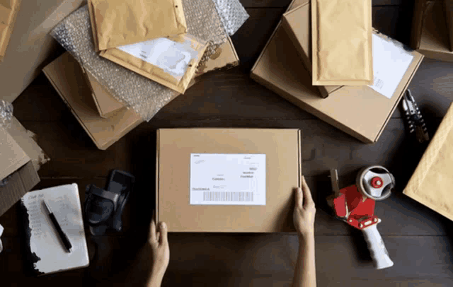 a person is holding a cardboard box with a sticker on it that says ' priority mail '