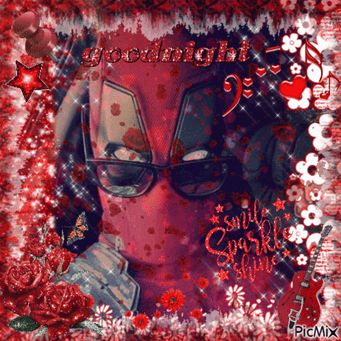 a picture of deadpool with the words goodnight smile sparkle shine written on it