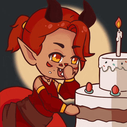 a cartoon of a devil eating a cake with a candle on it
