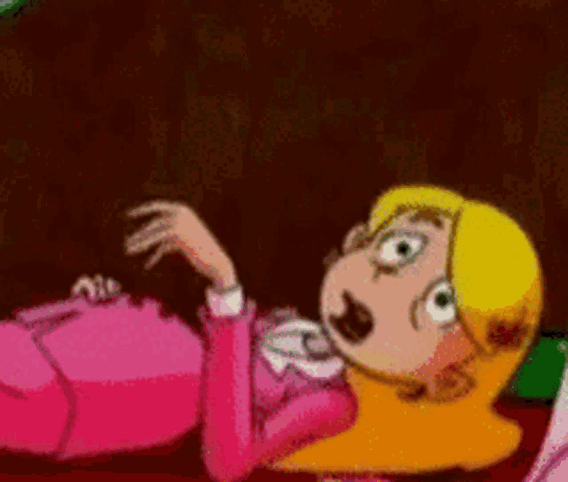 a cartoon girl is holding a pink purse