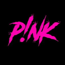 a pink logo on a black background with a brush stroke