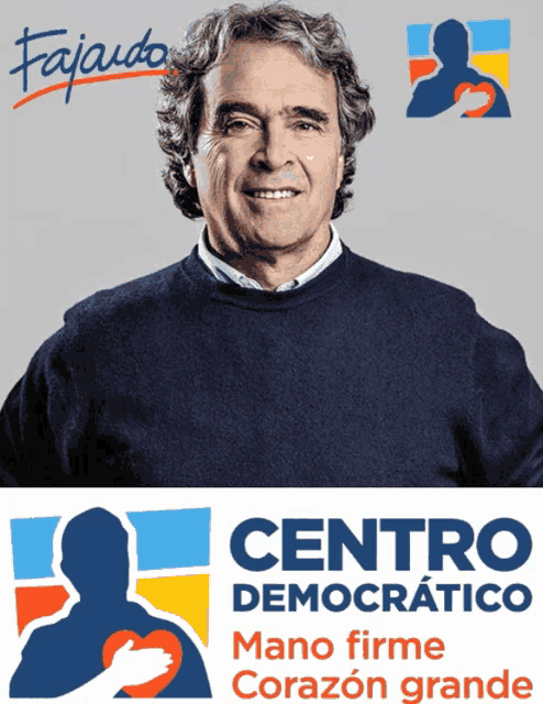 a man in a blue sweater is next to a logo for centro democrático