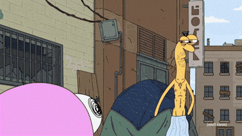 a cartoon character is standing in front of a sign that says " adult swim "