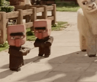 a group of minecraft villagers standing next to a sheep on a sidewalk .