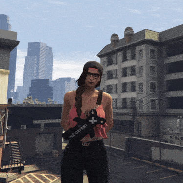 a woman in a video game is holding a black bag that says the dapest on it